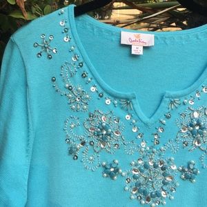 Quacker Factory Beaded 3/4 Sleeve Sweater Blue Med